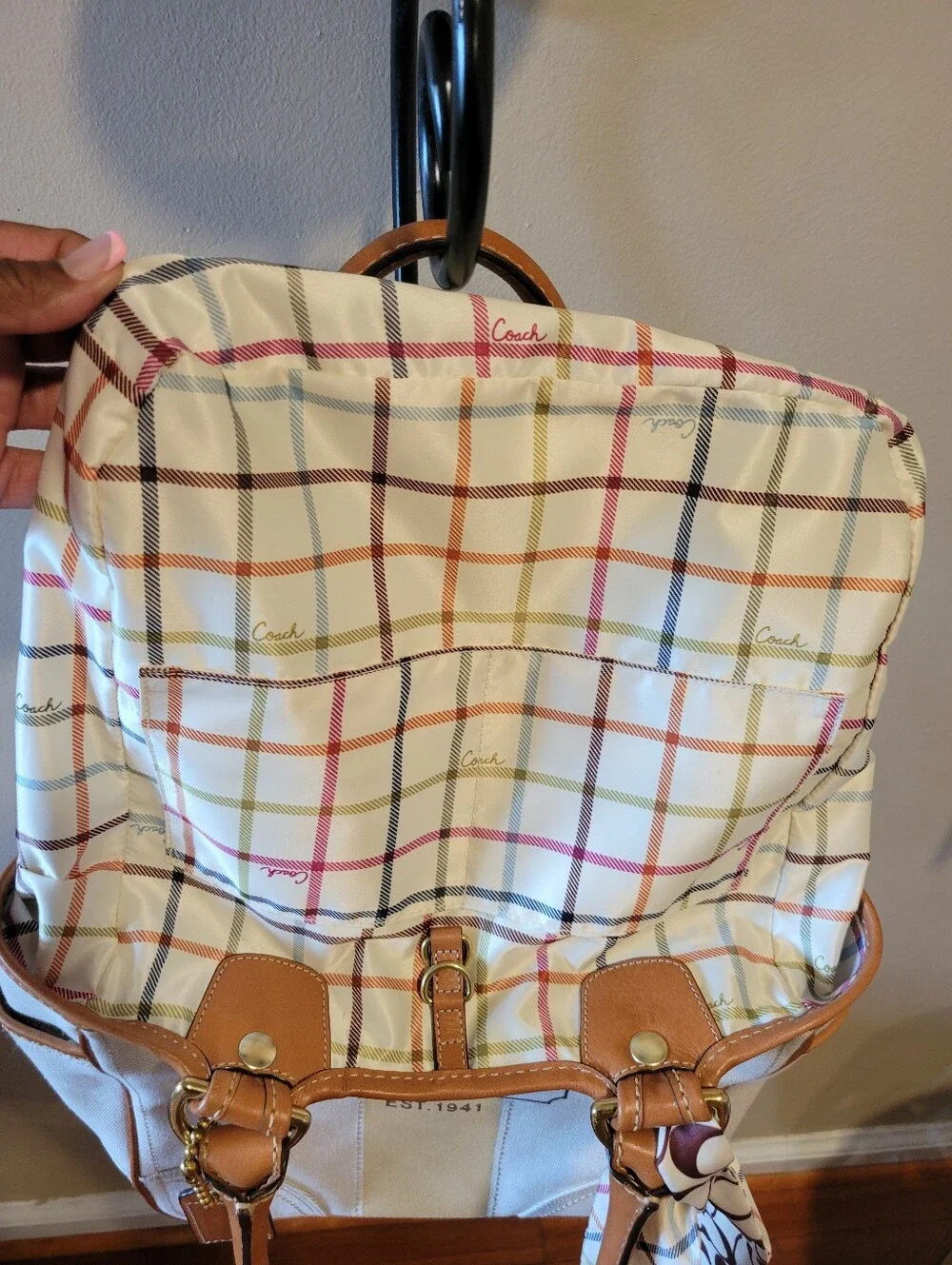 Coach Tattersal Silk Lining Leatherware Canvas Tote Bag in Beige with Tan Trim
